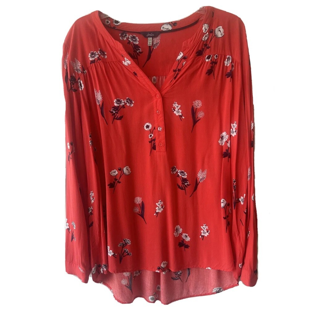 Joules Size US 14 Popover Blouse Rosamund Red Floral Print V-Neck 100% Viscose